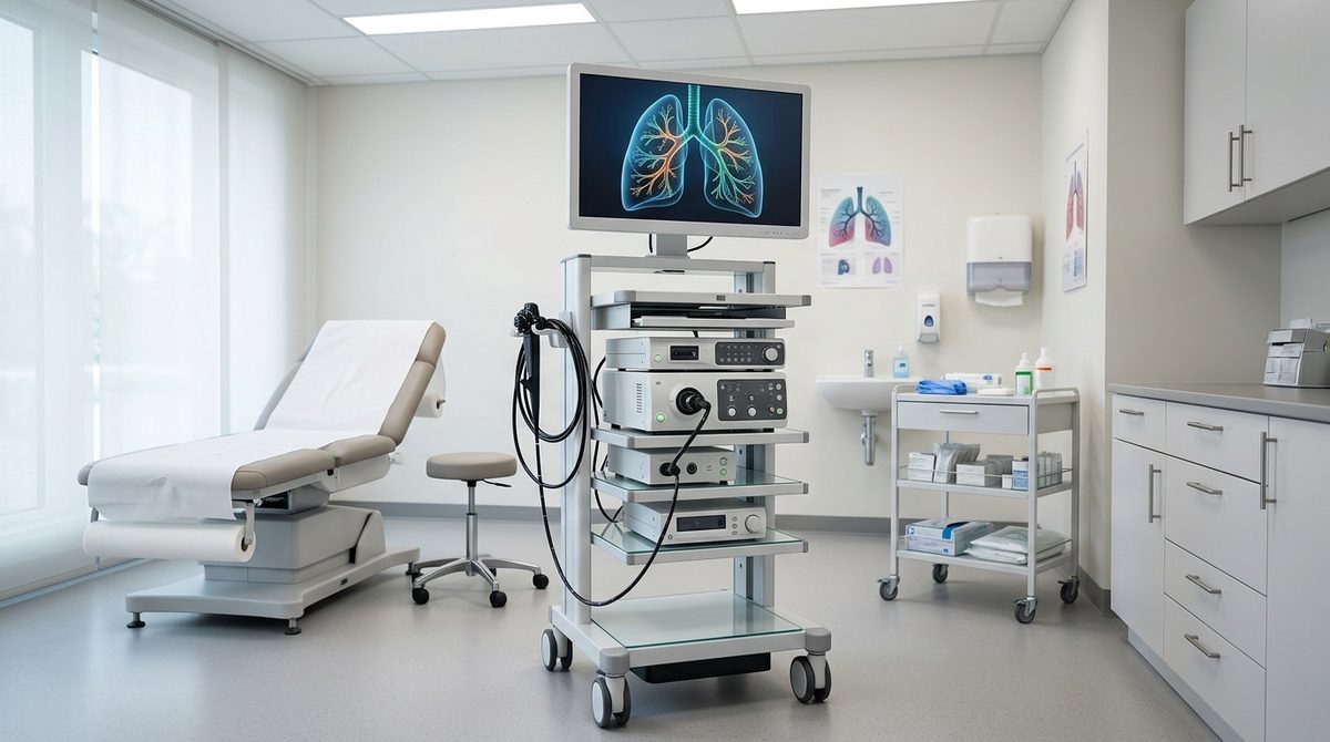 Nowoczesny gabinet pulmonologiczny z monitorem i bronchoskopem, przygotowany do bezpiecznego badania płuc.