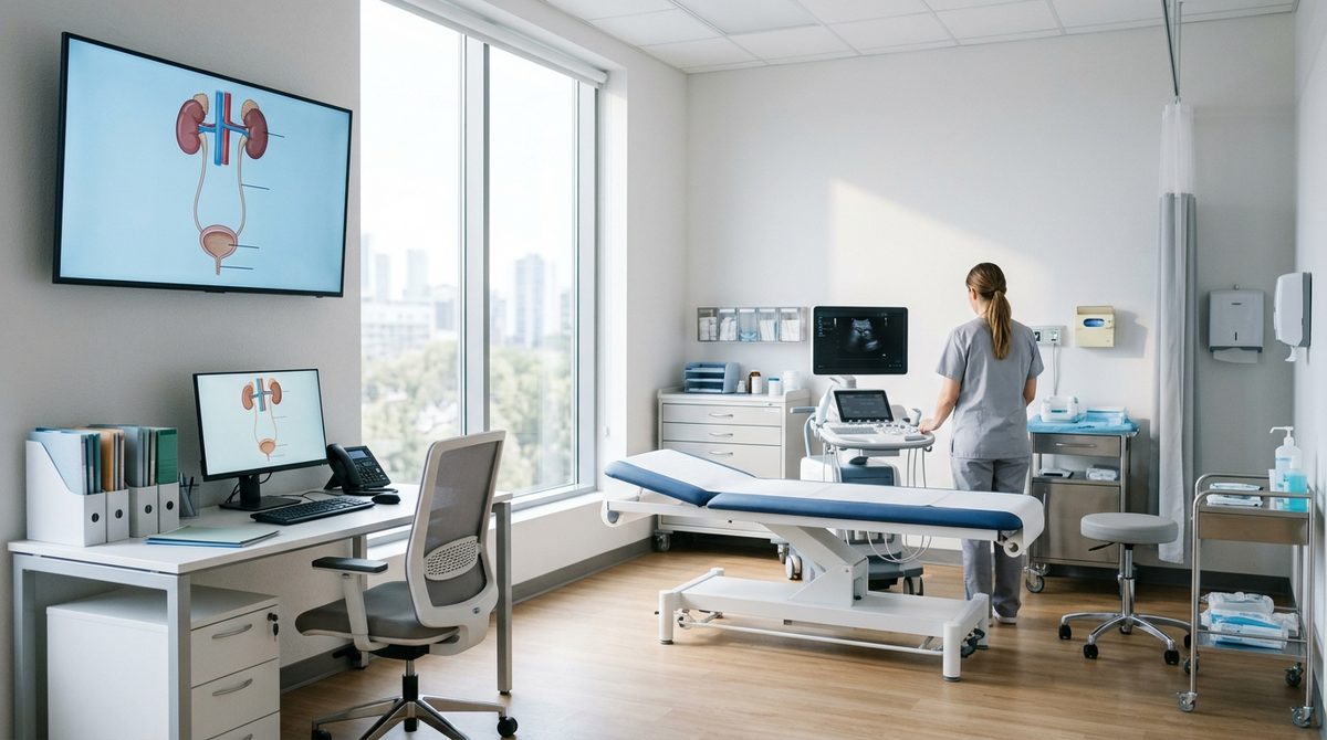Nowoczesny oddział urologii w szpitalu wyposażony w specjalistyczny sprzęt diagnostyczny do badań układu moczowego.