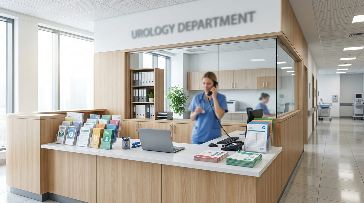Nowoczesna recepcja i sekretariat medyczny w szpitalu, gdzie pacjent może uzyskać dane kontaktowe na oddział urologii.