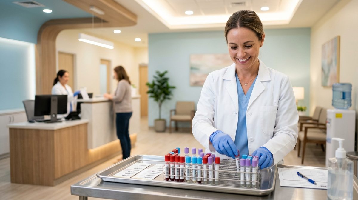 Nowoczesny punkt pobrań krwi oferujący pakiety badań Diagnostyka w przyjaznym gabinecie diagnostycznym.