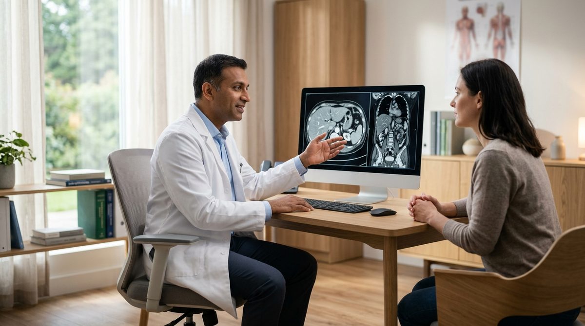 Lekarz omawiający wyniki badań obrazowych, gdy diagnozowany jest rak wątroby HCC w nowoczesnym gabinecie medycznym.