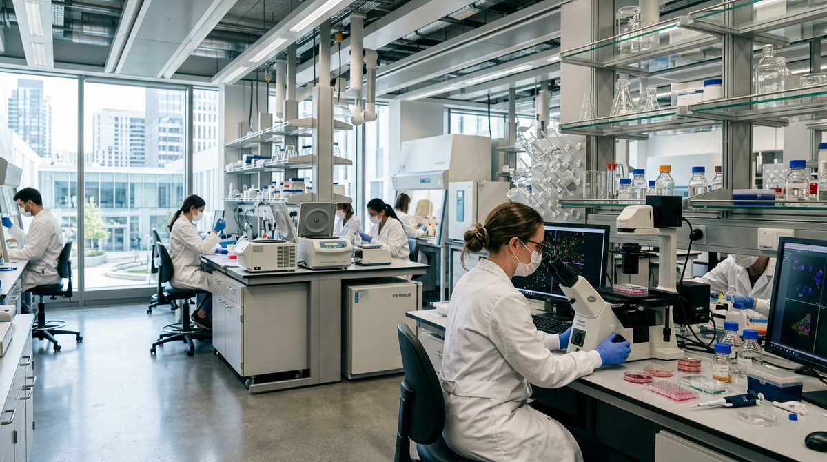 Nowoczesne laboratorium medyczne, w którym badany jest nowy lek na raka w terapii celowanej.