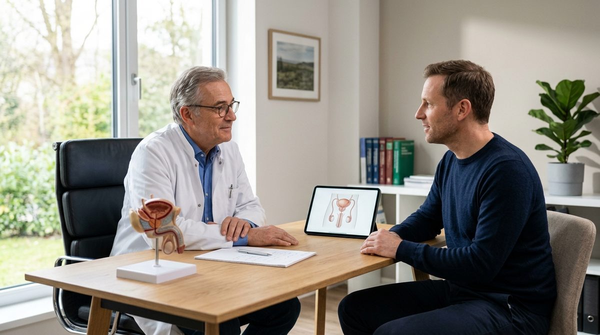 Lekarz urolog w gabinecie medycznym omawia z pacjentem jak przygotować się do biopsji prostaty.