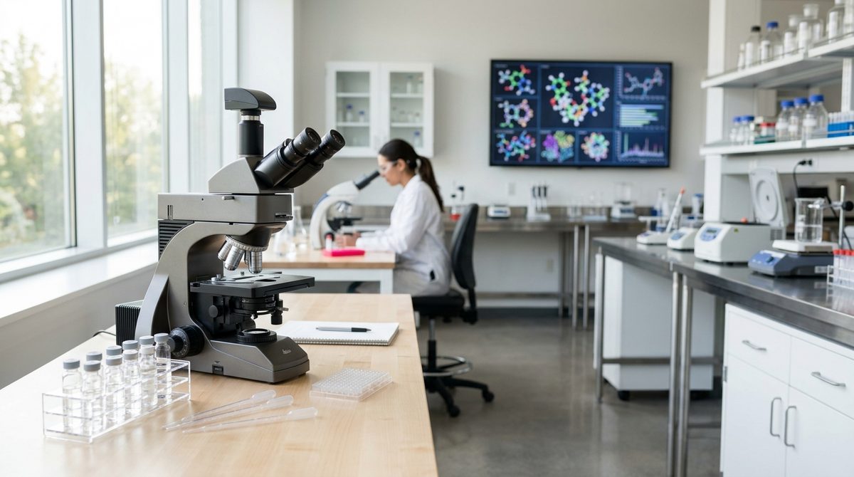 Współczesny mikroskop laboratoryjny na tle fiolki z innowacyjnym preparatem do leczenia raka.