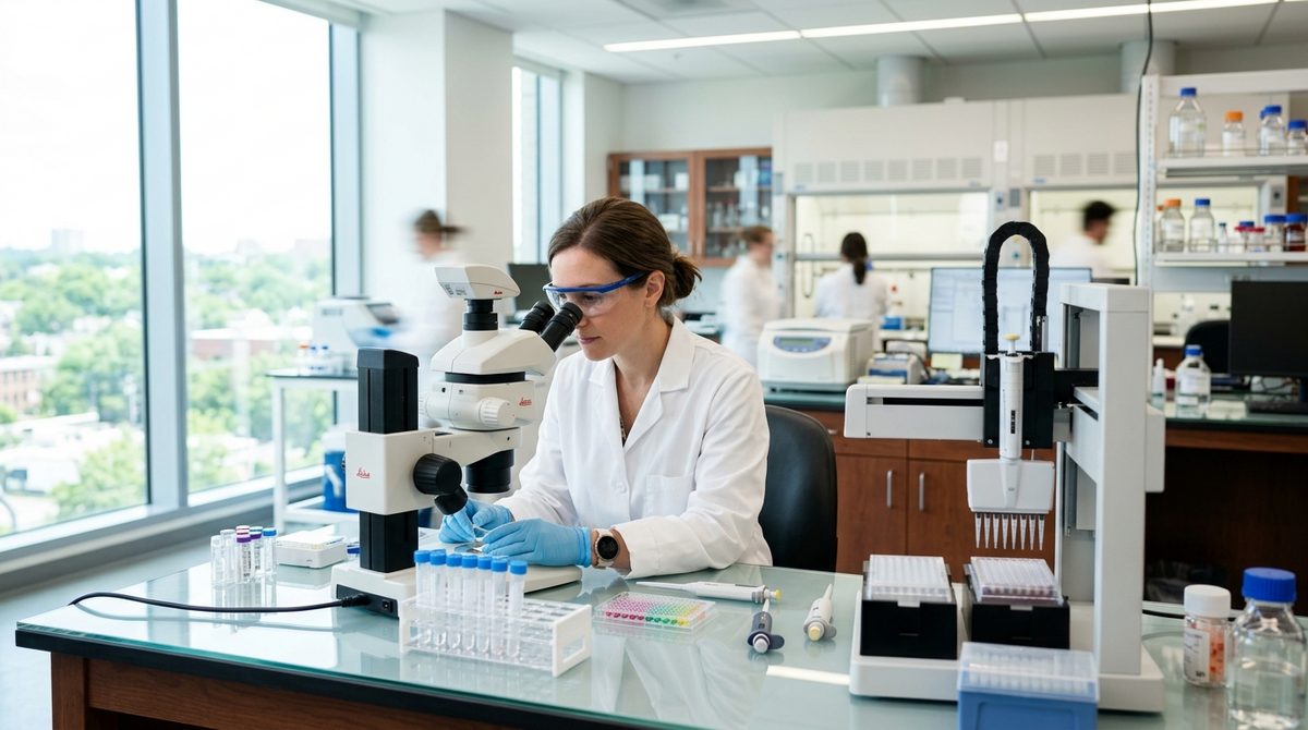 Jaki jest nowy polski lek na raka? Nowoczesne laboratorium medyczne, w którym badany jest nowy polski lek na raka przez mikroskop badawczy.