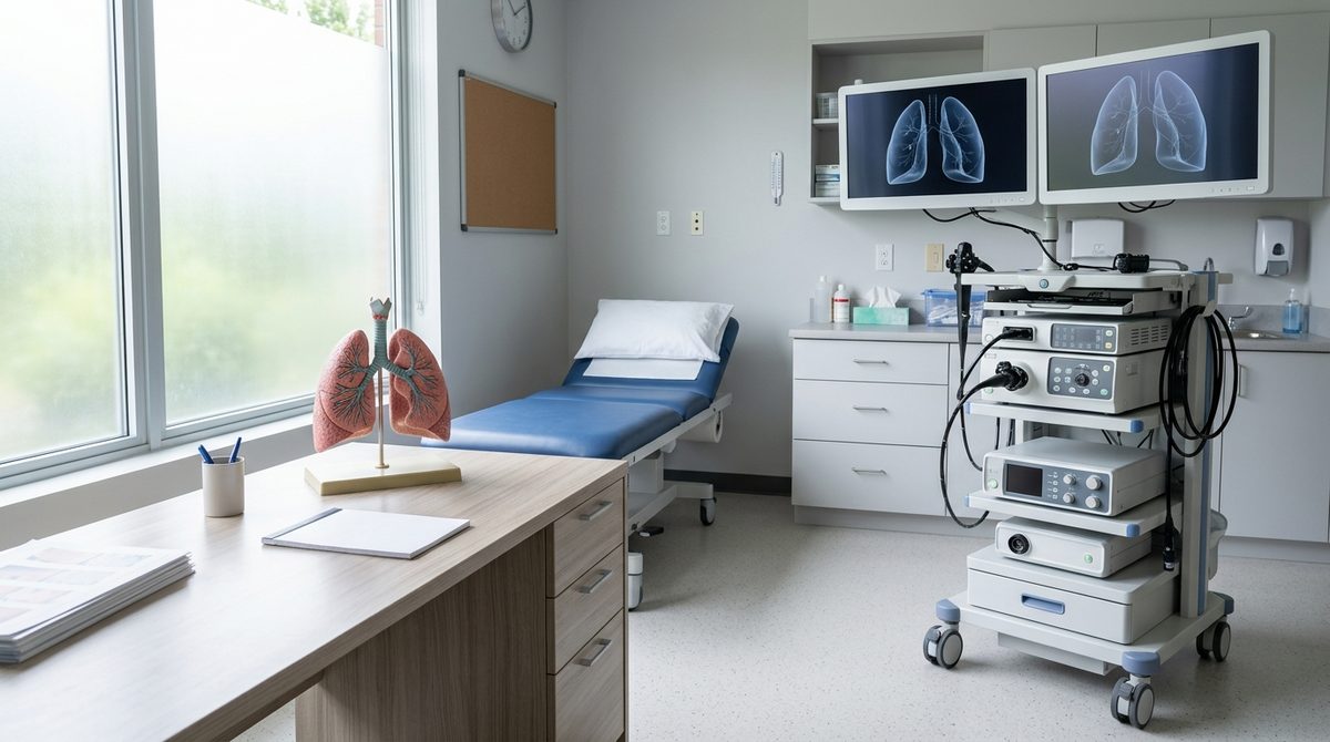Nowoczesny gabinet diagnostyki pulmonologicznej z aparaturą, w którym wykonywana jest bronchoskopia płuc.