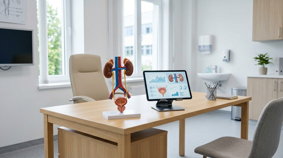 Nowoczesny gabinet lekarski i oddział urologii z modelem anatomicznym nerek oraz układu moczowego na biurku.