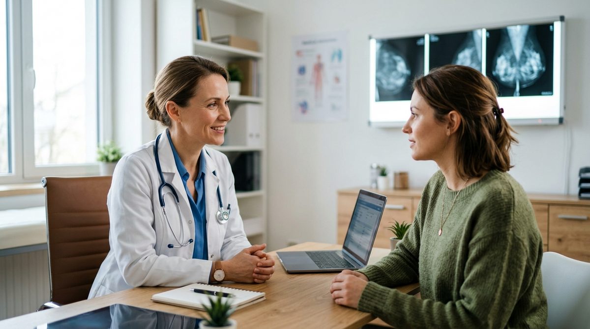 Lekarz onkolog wyjaśnia pacjentce, jak diagnozuje się raka piersi podczas konsultacji w nowoczesnym gabinecie.