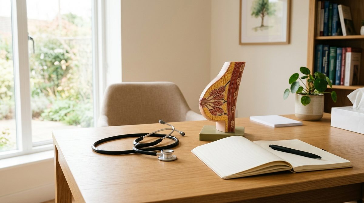 Edukacyjny model anatomiczny i stetoskop na biurku lekarskim – pierwsze objawy raka piersi wymagają konsultacji.